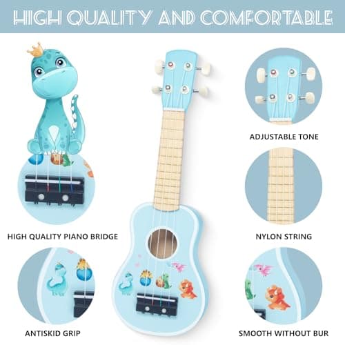 WoodenEdu Kids Guitar for Girls, Wooden Musical Instruments Toys with Ukulele, Tambourine, Maracas, Harmonica, Mini Band Sets for Toddlers 2 3 Years Old Birthday Gift (Blue for Boys) - Thumbnail 3