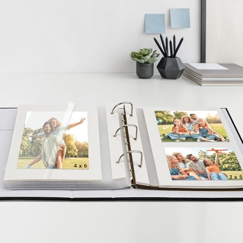 Vienrose Photo Album 4X6 60 Pockets, Linen Scrapbook Memory Book, 3 Ring Binder Album with 40 Writing Pages, and 20 Self-Adhesive Pages, Travel Family Wedding (Black) - Thumbnail 6