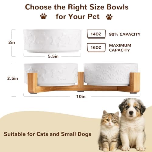 XIHAN Dog Bowls Set with Wood Stand & Mat Waterproof, 1.5 Cups Ceramic Dog Bowls Elevated for Small Dogs, Dual Food and Water Bowls with Weighted Non-Slip Base 13.5 OZ - Thumbnail 2