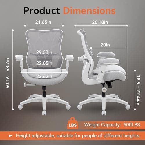 WITTLONG Big and Tall Office Chair 500lbs Heavy Duty Ergonomic Mesh Desk Chair with 23.6" Extra Wide Seat, 29.5" High Back, Adjustable Lumbar Support & Flip-Up Arms for Large Body Types(Light Gray) - Thumbnail 2