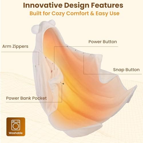 Bearbug Cordless Heated Blanket 50“ x 70", Portable Wearable Heated Blanket Shawl Hoodie Battery Operated, Car Charger, Dc Adapter, 3 Heating Level, Machine Washable, Beige - Thumbnail 3