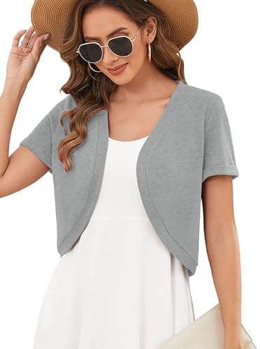 Heymoments Women's Short Sleeve Shrugs Light Grey 2X-Large Lightweight V-Neck Open Front Cropped Cardigan Knitted Bolero Sweaters Elegant Dresses Cover Up - Image 1