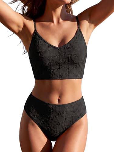 ZAFUL Womens High Waisted Bikini Sets Tummy Control Black Bathing Suit 2 Piece Textured V Neck Swim Bikini Top with High Cut Full Coverage Bikini Bottom Modest Swimsuits Medium - Image 1