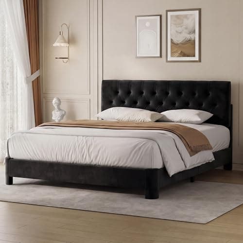 Vipbear Full Bed Frame, Velvet Fabric Upholstered Platform Bed with Button Tufted Headboard, Strong Wooden Slats Support, Noise Free, Easy Assembly, Adjustable Headboard, No Box Spring Needed, Black - Image 1