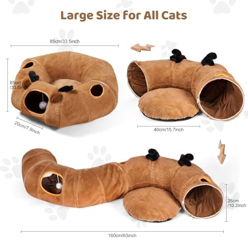 Cat Tunnel Bed with 20 Pcs Interactive Toys, 3-in-1 DIY Collapsible Plush Cat Tube with Washable Mat, Large Indoor Play Tunnel Cave for Kittens and Small Animals - Thumbnail 6