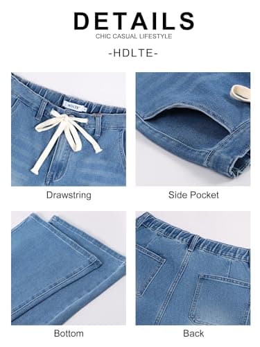 HDLTE Wide Leg Jeans Woman High Waisted Trendy Pull On Elastic Waist Drawstring Stretchy Denim Jean Pants with Pockets，Light Blue，M - Thumbnail 6