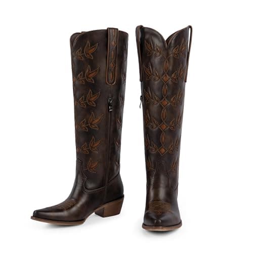 QIY Chocolate Cowboy Boots for Women Embroidered Pointed Toe Cow Girl Classic Block Heel Nashville Knee High Western Dark Brown Cowgirl Boots Size 7 - Thumbnail 4