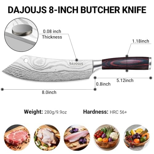DAJOUJS 8-Inch Meat Cleaver Butcher Knife - High-Carbon Stainless Steel Professional Cleaver Chefs Knife Cutting Knives with Ergonomic Wood Handle & Gift Box for Cooking - Thumbnail 6