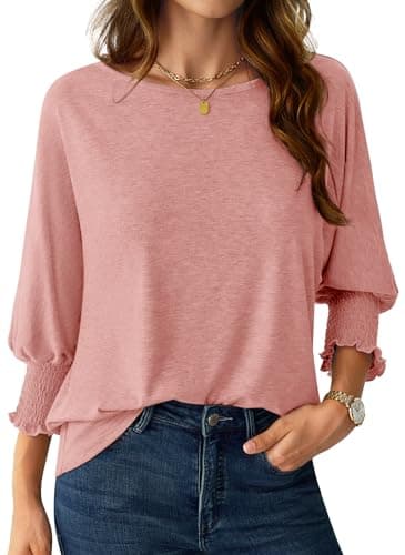 NORACORA Women's 3/4 Sleeve Tops Loose Fit Shirts Dressy Casual Crew Neck T Shirts for Women Basic Tees Shirt with Smocked Cuffs 2025 Fall Fashion Blouse Pink S - Image 1