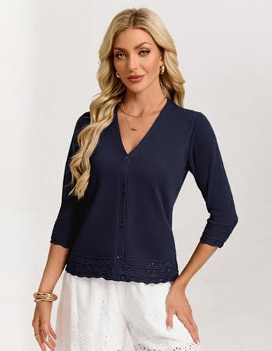 GRACE KARIN Women's 3/4 Sleeve Cardigans Lightweight Summer Spring Cardigans for Women Button Up Cardigan(Navy Blue,x-Large) - Thumbnail 3