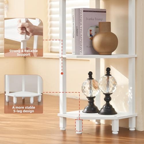 YUFAM 3-Tier Corner Shelf with Sturdy 5-Leg Base, 30in Tall Narrow Bookcase for Small Spaces, Wooden Plant Display Shelf, Thin Bookshelf for Living Room, Bedroom, Office, White - Thumbnail 5