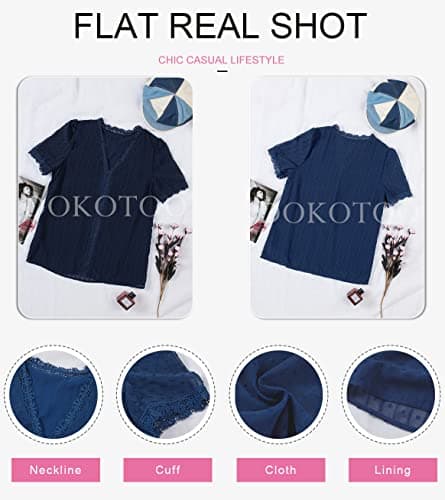 Dokotoo Womens Tops Dressy Casual Summer Tops for Women 2026 Summer Sexy Lace Crochet V Neck Short Sleeve Pom Pom Boho Shirts Casual Loose Solid Chiffon Womens Blouses Blue S - Thumbnail 4