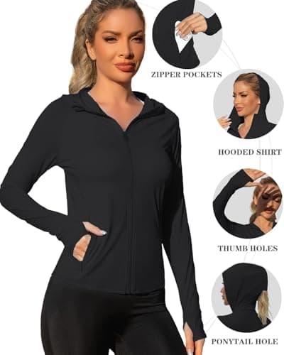 We1Fit Women's UPF 50+ Slim Fit Athletic Jacket Full Zip Hooded Sun Protection Running Shirts with Pockets Black - Thumbnail 5