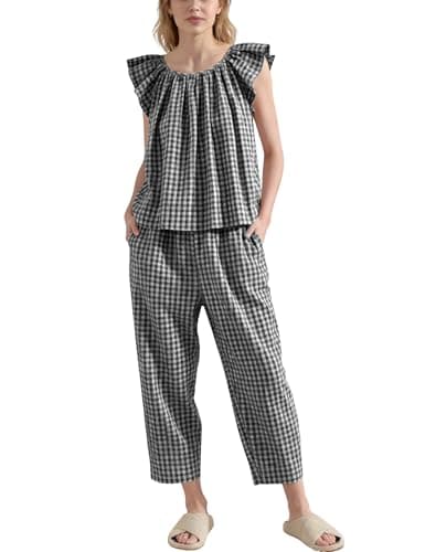 Seetaa Women's 2 Piece Cotton Plaid Pajama Set Soft Ruffle Sleeve Top & Pants Sleepwear Comfortable Nightwear Loungewear Set (Black-M) - Image 1