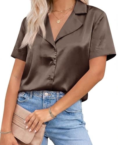 Cicy Bell Womens Summer Satin Button Down Shirts Silk Short Sleeve V Neck Casual Dressy Tops Loose Fit Collared Work Blouse Brown - Image 1