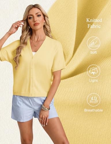GRACE KARIN Women Spring Short Sleeve Cardigan Sweaters Button Down Knit Shirt Dressy Casual Tops 2026 Summer Outfits Yellow - Thumbnail 3