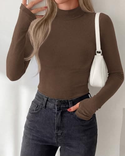 BTFBM Turtleneck Tops for Women Thumbhole Long Sleeve Shirts Brown - Thumbnail 2