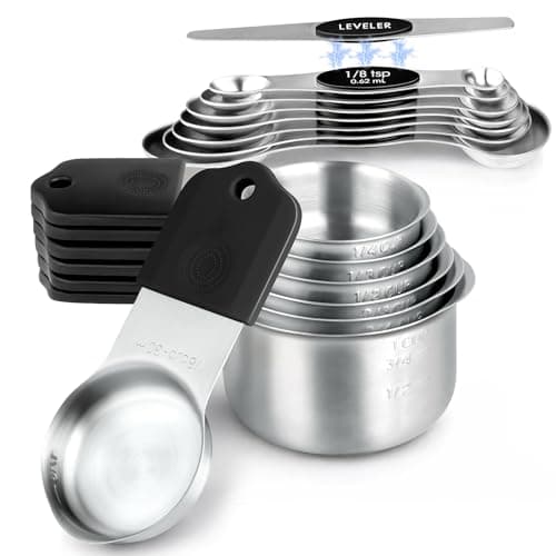 Magnetic Measuring Cups & Spoons Set, Strong N45 Magnets, Heavy Duty Stainless Steel Fits in Spice Jars for Baking & Cooking, BPA Free, Round Set of 15 with Leveler,Dark Black - Image 1