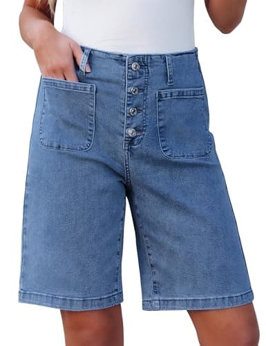 luvamia Button Fly Long Jean Shorts Womens High Waisted Bermuda Shorts Medium Blue Jean Womens Stretchy Jeans Women's High Waisted Size XX-Large Fits Size 20 22 - Image 1