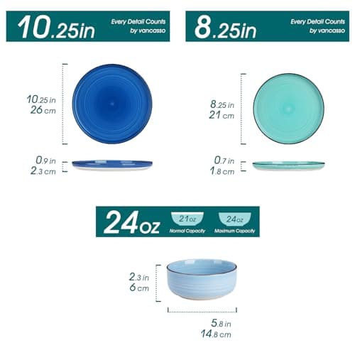 vancasso Bonita Blue Dinnerware Sets, Plates and Bowls Set for 4, 12 Pieces Stoneware Dinnerware Set, Dishwasher and Microwave Safe - Thumbnail 2