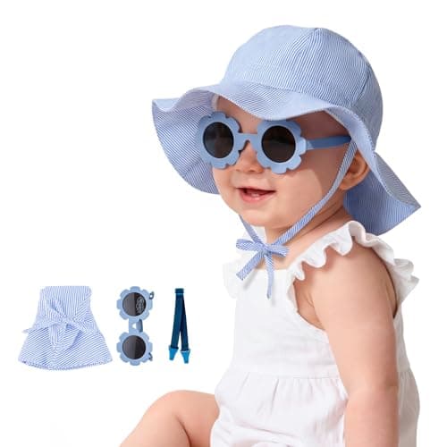 Durio UPF50+ Baby Sun Hat and Sunglasses - Sun Protection Hat for Boy Girl, Wide Brim Summer Beach Hats for Newborn Toddler Blue 2-4T - Image 1