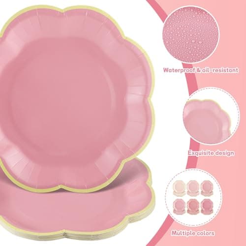 NatNarr 60 Pcs Pink Paper Plates, 7 Inch Gradient Pink Dessert Plates with Gold Edge Scalloped Mothers Day Plate Disposable Pink Plate for Wedding Girl Baby Shower Birthday Bridal Party Supplies - Thumbnail 3