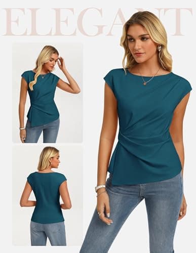 GRACE KARIN Womens 2026 Summer Short Sleeve Tops, Dressy Casual Peplum Shirts Outfit, Tunic Blouses Trendy Fashion Clothes Peacock Blue S - Thumbnail 2