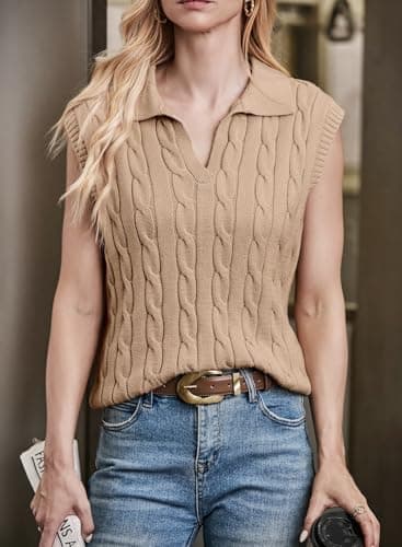 Dokotoo Sweater Vest V Neck Lapel Collar Cable Knit Women Vest Cable Knit Spring Tops for Women 2025 Summer Sweaters Khaki Large - Thumbnail 4