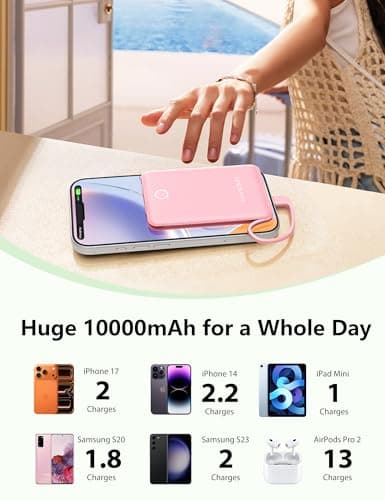 miisso 10000mAh Mini Portable Charger with Built in Cable, Pocket Size Power Bank Travel External Battery Pack for Phone, 3 Output USB Type C Cord Clutch Compatible with iPhone, Samsung, Pink - Thumbnail 3