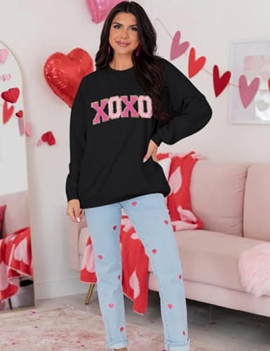 LETSEE Valentines Sweatshirt for Women Glitter Patch Valentine Letter Pullover Tops Chenille Patch Oversized Clothes(Black, Large) - Thumbnail 2