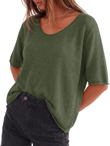 BTFBM Sweaters for Women 2026 Summer Oversized Half Short Sleeve Knitted Pullover V Neck‌ Casual Loose Fit Spring Tops(Army Green, Small) - Thumbnail 5