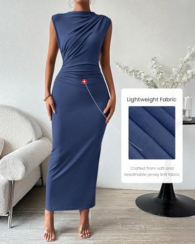BTFBM Women Ruched Bodycon Maxi Dresses Summer Casual Sleeveless Lightweight Slit Elegant Cocktail Wedding Guest Dress(Dark Grey Blue, Medium) - Thumbnail 6