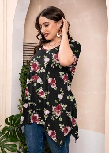 AusLook Plus Size Tops for Women Tunic Clothes Short Sleeve Midnight Red Rose Summer 2X Blouse Swing Tee Crewneck Clothing Flowy Shirts for Leggings - Thumbnail 4