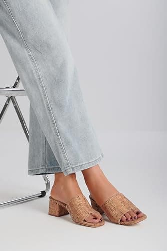 MeiLuSi Raffia Heeled Sandals for Women, Chunky Block Heels Dressy Summer Heels Vacation Beach Slides Sandals Slip On Cork Size 7 - Thumbnail 5