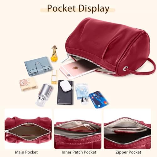Women's Burgundy Cylinder Bag Genuine Leather Small Crossbody Purse Mini Hobo Handbag Essential Phone Wallet Keys Minimalist Lifestyle Fashion Accessory - Thumbnail 5