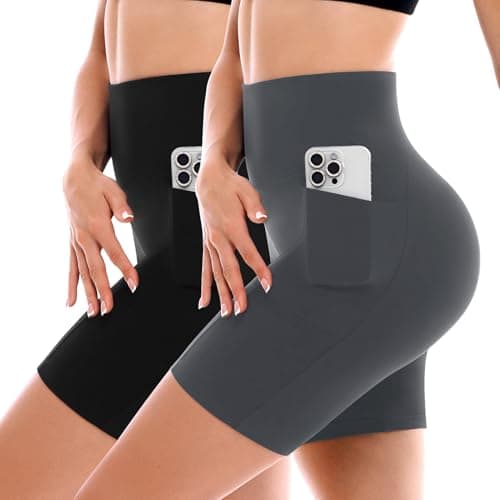 SINOPHANT 2 Pack Biker Shorts for Women with Pockets High Waisted Yoga Running Shorts for Womens Gym Workout Grey XXL