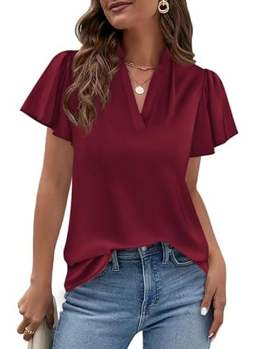PRETTYGARDEN Women's 2026 Summer Satin Blouses Dressy Casual Ruffle Cap Sleeve V Neck Business Work Cute Tops Spring Outfits (Burgundy,X-Large) - Image 1