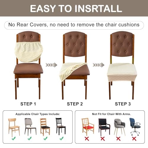 Genina Waterproof Seat Covers for Chairs,Set of 4 Dining Room Chair Seat Covers for Kitchen,Stretch Jacquard Removable Washable Dining Chair Slipcovers Protectors,No Rear Covers, Taupe - Thumbnail 6