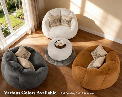 Oversized Bean Bag Chair with Footstool for Adults and Kids, Giant Fuzzy Accent Reading Chair with Ottoman Pouf, Lounge Chair Chaise Indoor, Faux Fur Round Large Floor Sofa Couch for Game, Nap, Beige - Thumbnail 6