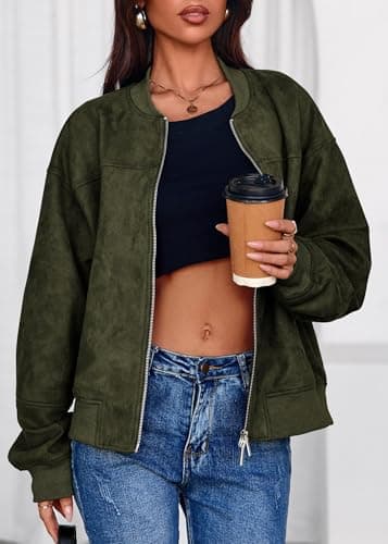 Lazysmile Women's Faux Suede Bomber Jackets Fall Fashion Outfits Winter Clothes Stand Collar Zip Up Coats Outwear with Pockets - Thumbnail 3