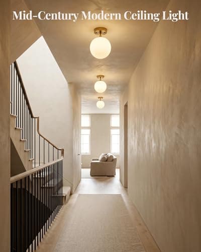 Majade Semi Flush Mount Ceiling Light 6" Globe Mid Century Modern Light Fixture Milk Glass with Gold Brass Finish Light Fixtures for Hallway Entryway Kitchen Island Closet Laundry Bathroom - Thumbnail 2