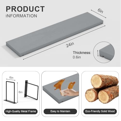 EALLRINEC Floating Shelves - 24 Inch Wall Mounted Set of 3, Rustic Wood Storage Shelves for Living Room (Grey) - Thumbnail 3