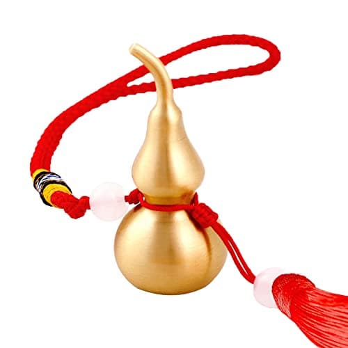 Feng Shui Hanging Ornaments Decor,Wu Lou Golden Gourd,with Red Luck Strip Tassel Treasure for Ideal Car Pendant,Bedroom,Door,Desk lamp,Bring Good Luck,Safty,Healthy,2.16inch Tall,Full Brass - Image 1