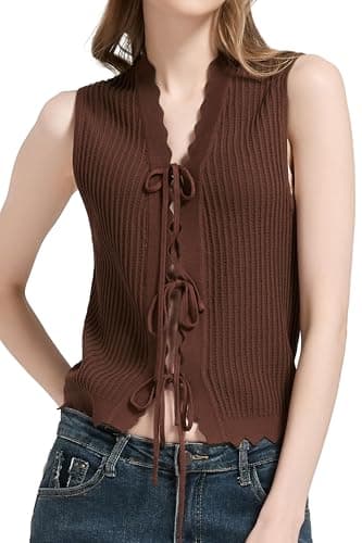 Orolay Tie Front Crochet Vest for Women Scalloped Knit Sleeveless Boho Hippie Summer Beach Festival Tops - Image 1