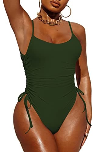 Pink Queen Womens One Piece Swimsuit Ruched High Cut Tummy Control Bathing Suit Monokini Army Green XL - Image 1