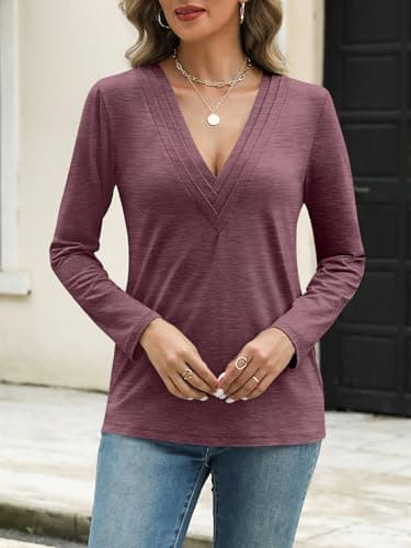 EasyGala Womens Deep V Neck Long Sleeve Shirts Pleated Dressy Casual Tops Sexy Loose Fit T Shirt Maroon Small - Thumbnail 4