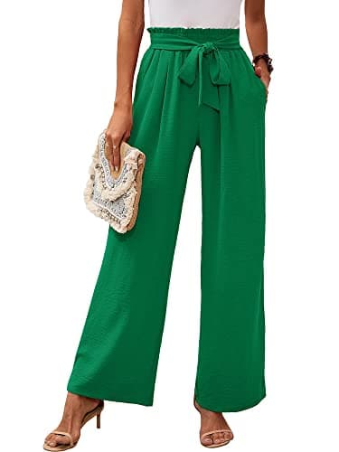 Heymoments Women's Wide Leg Lounge Pants with Pockets Green Small Lightweight High Waisted Adjustable Tie Knot Loose Comfy Casual Trousers - Image 1