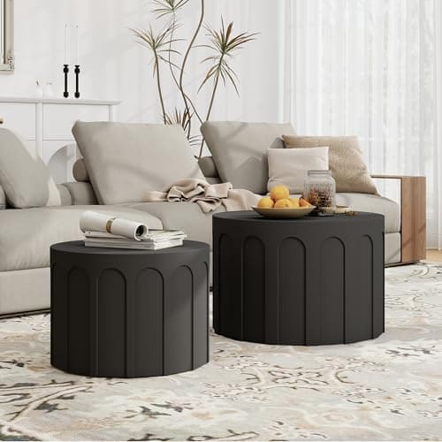 Furnivado Nesting Coffee Table Set of 2, Modern Round Coffee Table with Non-Slip Feet, Wooden Circle Accent Tables for Small Spaces, Side End Table for Living Room, Bedroom, Balcony, Office, Black