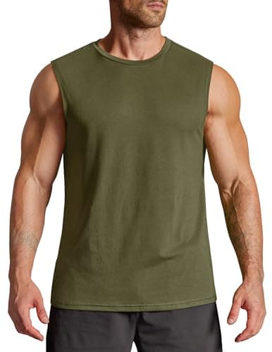 COOFANDY Men's Cotton Tank Top Muscle Cut Off T Shirts Plain Sleeveless Workout Shirt Army Green L - Image 1