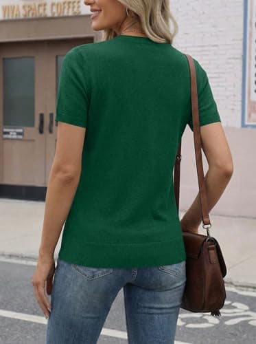 LaGracia Sweater for Women V Neck Short Sleeve Summer Spring Sweaters Wool Blend Business Casual Tops Green XL - Thumbnail 5
